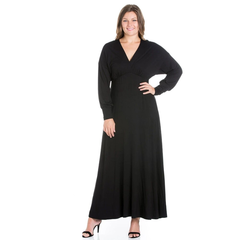 24 seven Comfort Apparel Women  Maxi Dress Plus Size Bishop Long Sleeve Black 2X